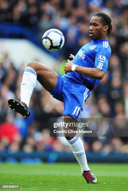 Didier Drogba of Chelsea in action during the Barclays Premier League match between Chelsea and Wigan Athletic at Stamford Bridge on May 9, 2010 in...