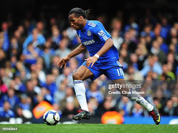 Didier Drogba of Chelsea in action during the Barclays Premier League match between Chelsea and Wigan Athletic at Stamford Bridge on May 9, 2010 in...