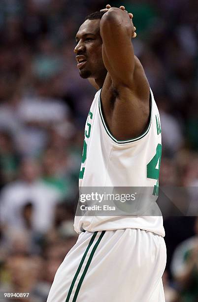 Tony Allen of the Boston Celtics reacts to a call against one of his teammates in the second half against the Cleveland Cavaliers during Game Four of...