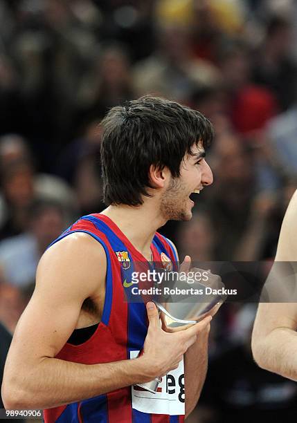 Ricky Rubio, #9 of Regal FC Barcelona during the 2009-2010 Euroleague Basketball Champion Awards Ceremony at Bercy Arena on May 9, 2010 in Paris,...