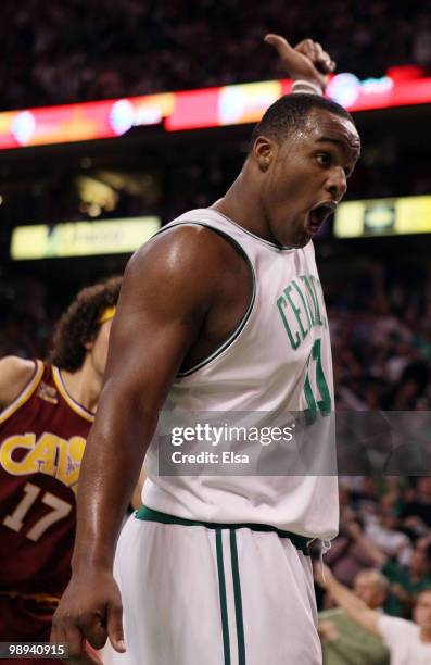 Glen Davis of the Boston Celtics reacts to a call in the second half against the Cleveland Cavaliers during Game Four of the Eastern Conference...