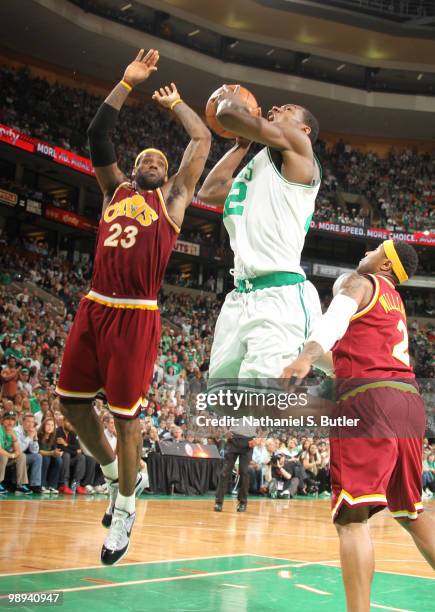 Tony Allen of the Boston Celtics shoots against LeBron James of the Cleveland Cavaliers in Game Four of the Eastern Conference Semifinals during the...