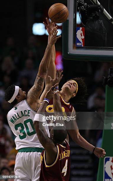 Anderson Varejao of the Cleveland Cavaliers tries to block a shot by Rasheed Wallace of the Boston Celtics during Game Four of the Eastern Conference...