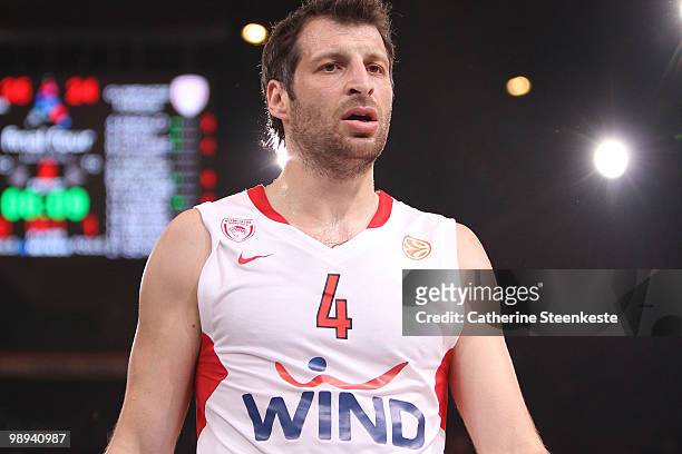 Theodoros Papaloukas, #4 of Olympiacos Piraeus in action during the Euroleague Basketball Final Four Final Game between Regal FC Barcelona vs...