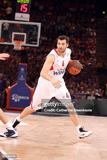 Theodoros Papaloukas, #4 of Olympiacos Piraeus in action during the Euroleague Basketball Final Four Final Game between Regal FC Barcelona vs...