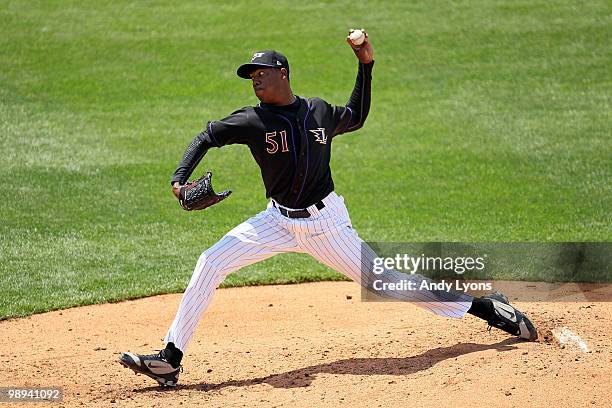 Oroldis Chapman of the Louisville Bats throws a pitch during the game against the Rochester Red Wings at Louisville Slugger Field on May 9, 2010 in...