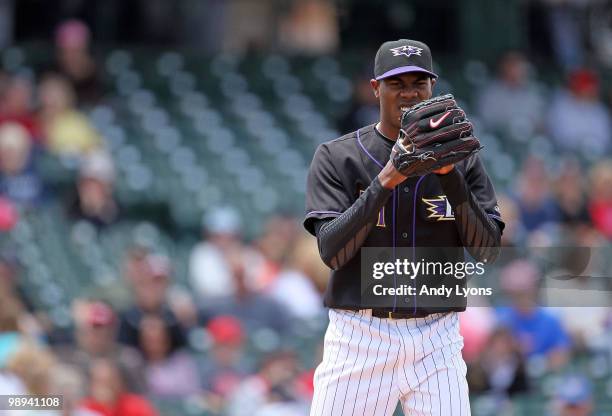 Oroldis Chapman of the Louisville Bats is pictured during the game against the Rochester Red Wings at Louisville Slugger Field on May 9, 2010 in...