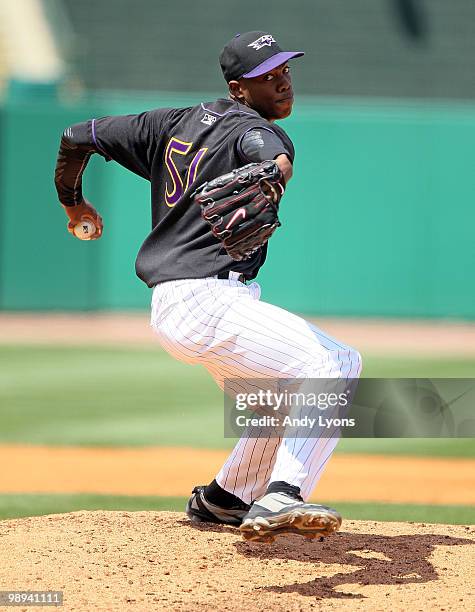 Oroldis Chapman of the Louisville Bats throws a pitch during the game against the Rochester Red Wings at Louisville Slugger Field on May 9, 2010 in...