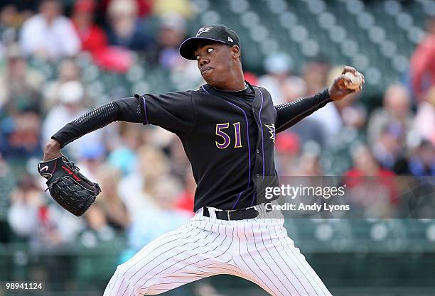 Oroldis Chapman of the Louisville Bats throws a pitch during the game against the Rochester Red Wings at Louisville Slugger Field on May 9, 2010 in...