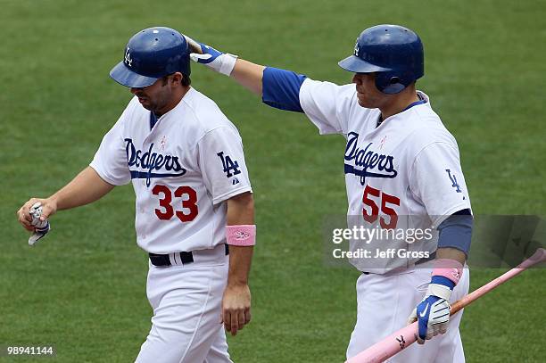 Blake DeWitt of the Los Angeles Dodgers is congratulated by teammate Russell Martin after scoring on a single by Jamey Caroll in the third inning...