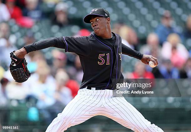 Oroldis Chapman of the Louisville Bats throws a pitch during the game against the Rochester Red Wings at Louisville Slugger Field on May 9, 2010 in...