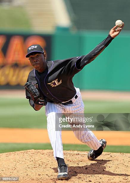 Oroldis Chapman of the Louisville Bats throws a pitch during the game against the Rochester Red Wings at Louisville Slugger Field on May 9, 2010 in...