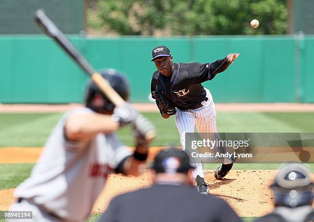 Oroldis Chapman of the Louisville Bats throws a pitch during the game against the Rochester Red Wings at Louisville Slugger Field on May 9, 2010 in...