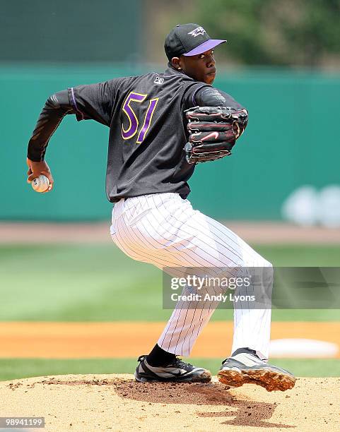 Oroldis Chapman of the Louisville Bats throws a pitch during the game against the Rochester Red Wings at Louisville Slugger Field on May 9, 2010 in...