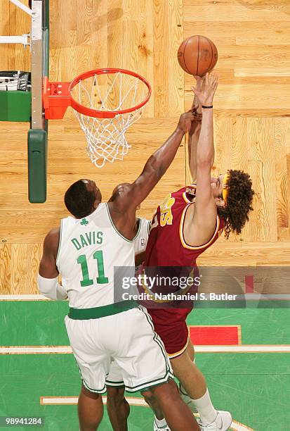 Anderson Varejao of the Cleveland Cavaliers shoots against Glen Davis of the Boston Celtics in Game Four of the Eastern Conference Semifinals during...