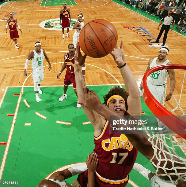 Anderson Varejao of the Cleveland Cavaliers shoots against Glen Davis the Boston Celtics in Game Four of the Eastern Conference Semifinals during the...