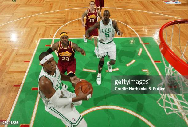 Rajon Rondo of the Boston Celtics shoots against LeBron James of the Cleveland Cavaliers in Game Four of the Eastern Conference Semifinals during the...