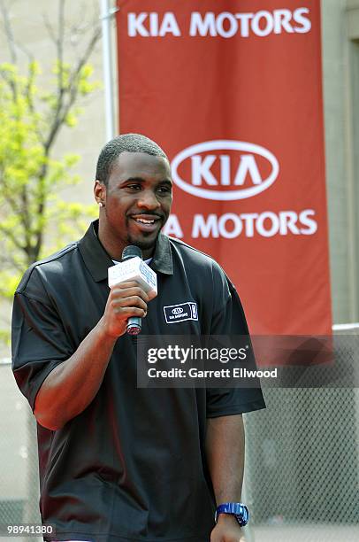 Ty Lawson of the Denver Nuggets addresses the crowd during the NBA Nation Mobile Basketball Tour on May 9, 2010 at the "Cinco De Mayo Festival" in...