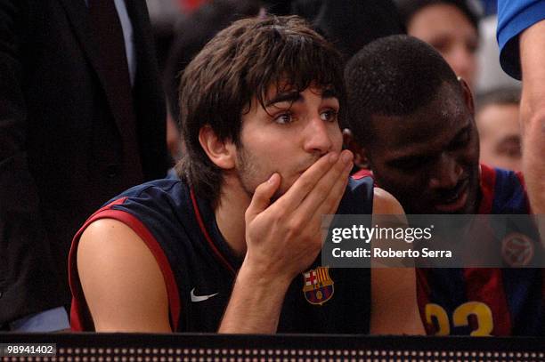 Ricky Rubio of Barcelona worried on the bench during the Euroleague Basketball Final Four Final Game between Regal FC Barcelona vs Olympiacos at...
