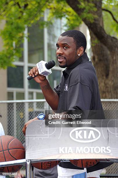 Ty Lawson of the Denver Nuggets talks to the crowd during the NBA Nation Mobile Basketball Tour on May 9, 2010 at the "Cinco De Mayo Festival" in...