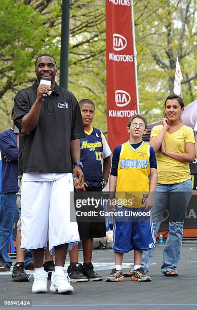 Ty Lawson of the Denver Nuggets talks to the crowd during the NBA Nation Mobile Basketball Tour on May 9, 2010 at the "Cinco De Mayo Festival" in...