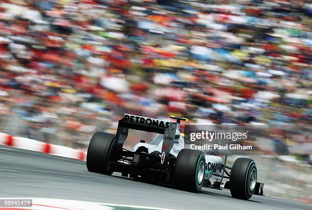 Nico Rosberg of Germany and Mercedes GP drives during the Spanish Formula One Grand Prix at the Circuit de Catalunya on May 9, 2010 in Barcelona,...