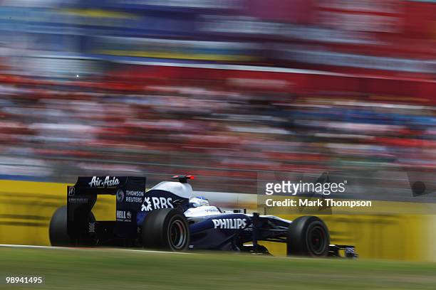 Rubens Barrichello of Brazil and Williams drives during the Spanish Formula One Grand Prix at the Circuit de Catalunya on May 9, 2010 in Barcelona,...