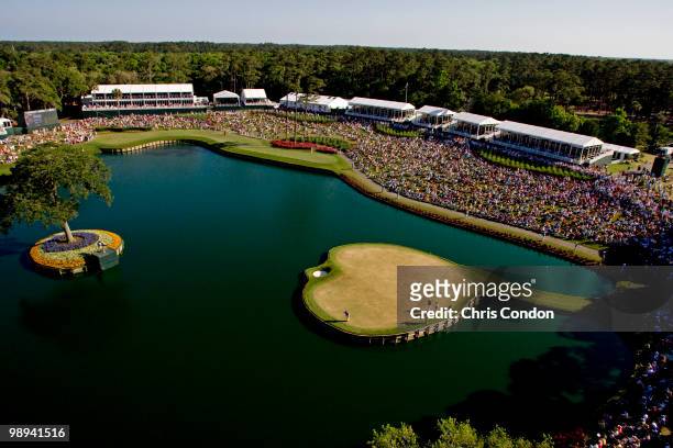 Phil Mickelson plays the 17th hole during the final round of THE PLAYERS Championship on THE PLAYERS Stadium Course at TPC Sawgrass on May 9, 2010 in...