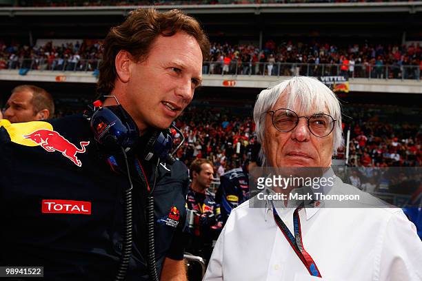 Supremo Bernie Ecclestone is seen talking with Red Bull Racing Team Principal Christian Horner before the Spanish Formula One Grand Prix at the...