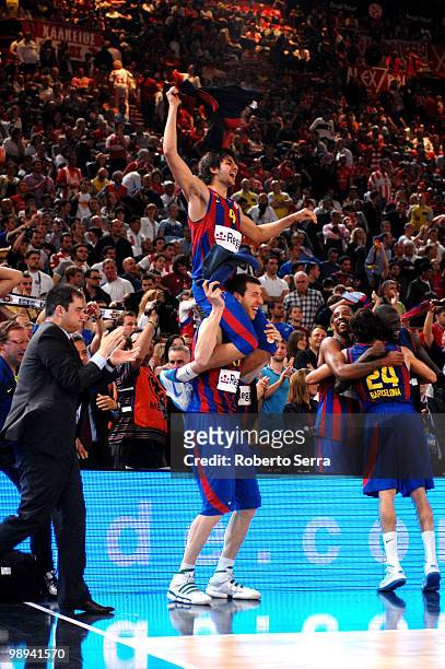 Ricky Rubio and Fran Vazquez of Barcelona celebrate during the Euroleague Basketball Final Four Final Game between Regal FC Barcelona vs Olympiacos...