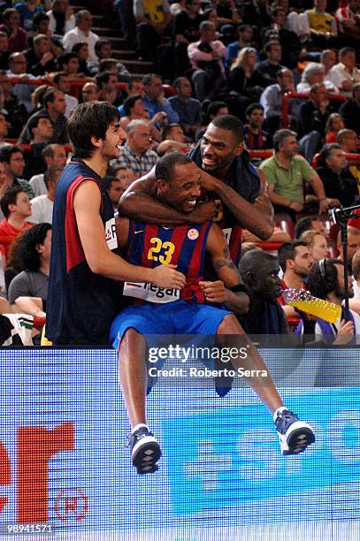 Ricky Rubio, Terence Morris and Pete Mickael of Barcelona celebrrate during the Euroleague Basketball Final Four Final Game between Regal FC...