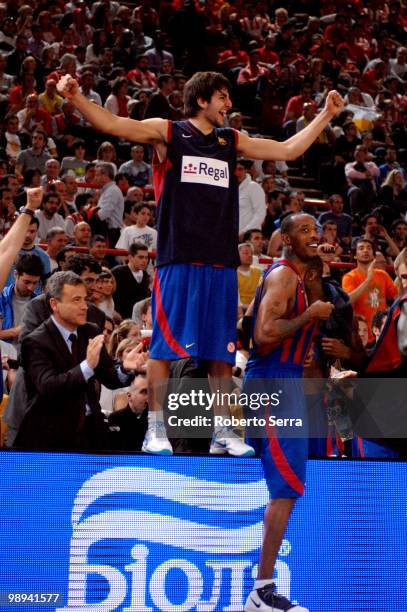 Ricky Rubio and Terence Morris of Barcelona celebrate during the Euroleague Basketball Final Four Final Game between Regal FC Barcelona vs Olympiacos...