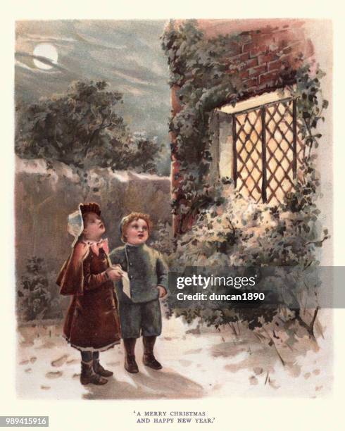 victorian children singing marry christmas, 19th century - carol singer stock illustrations