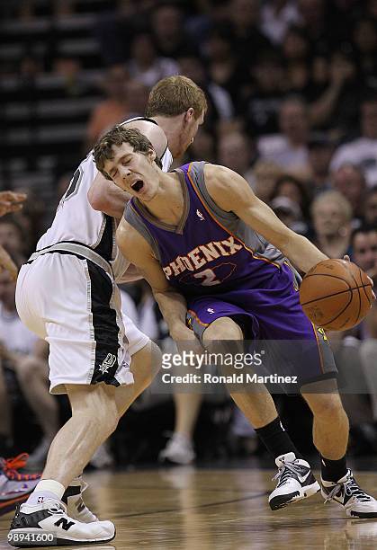 Guard Goran Dragic of the Phoenix Suns reacts after a foul by Matt Bonner of the San Antonio Spurs in Game Four of the Western Conference Semifinals...