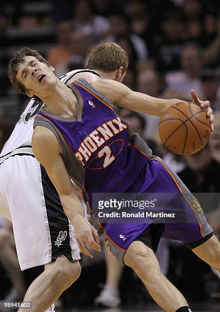 Guard Goran Dragic of the Phoenix Suns reacts after a foul by Matt Bonner of the San Antonio Spurs in Game Four of the Western Conference Semifinals...