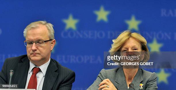 Commissioner for Economic and Monetary Affairs Olli Rehn and Spainish Finance Minister Elena Salgado give a joint press conference at the end of the...