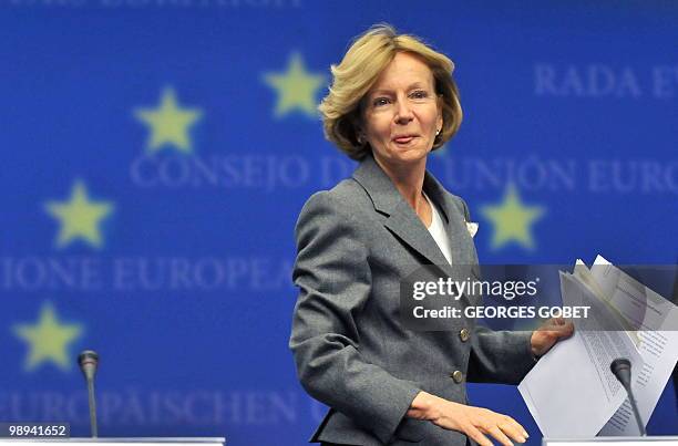 Spainish Finance Minister Elena Salgado arrives for a joint press conference with EU commissioner for Economic and Monetary Affairs Olli Rehn at the...