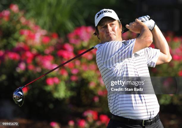 Tim Clark hits a drive from the 18th tee box during the final round of THE PLAYERS Championship on THE PLAYERS Stadium Course at TPC Sawgrass on May...