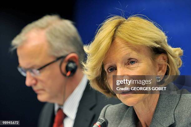 Commissioner for Economic and Monetary Affairs Olli Rehn and Spainish Finance Minister Elena Salgado give a joint press conference at the end of the...