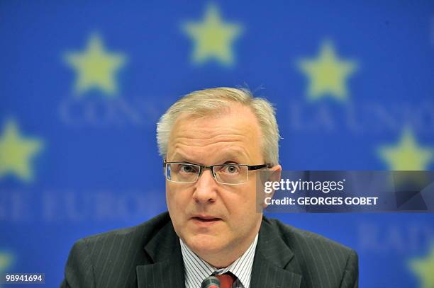 Commissioner for Economic and Monetary Affairs Olli Rehn speaks during a joint press conference with Spainish Finance Minister Elena Salgado at the...