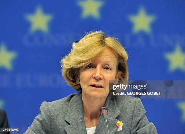 Spainish Finance Minister Elena Salgado gives a joint press conference with EU commissioner for Economic and Monetary Affairs Olli Rehn at the end of...