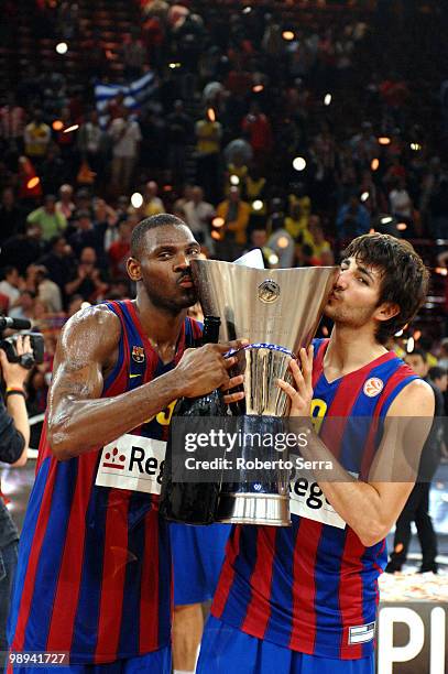 Ricky Rubio and Pete Mickael of Barcelona celebrate during the 2009-2010 Euroleague Basketball Champion Awards Ceremony at Bercy Arena on May 9, 2010...