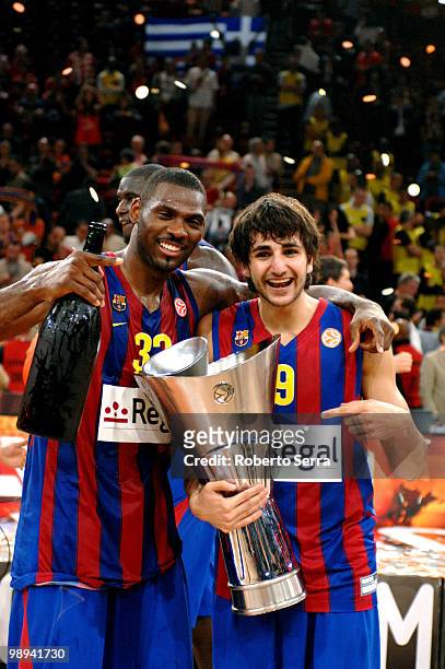 Ricky Rubio and Pete Mickael of Barcelona celebrate during the 2009-2010 Euroleague Basketball Champion Awards Ceremony at Bercy Arena on May 9, 2010...