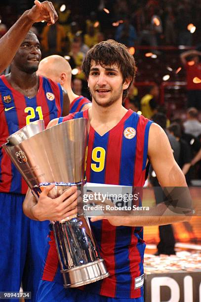 Ricky Rubio of Barcelona celebrate during the 2009-2010 Euroleague Basketball Champion Awards Ceremony at Bercy Arena on May 9, 2010 in Paris, France.