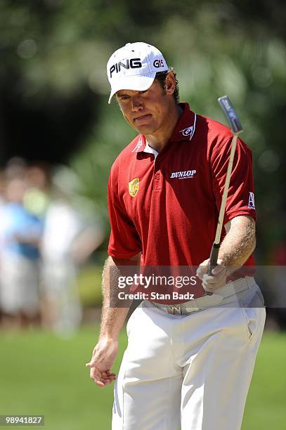 Lee Westwood makes his putt at the fifth green during the final round of THE PLAYERS Championship on THE PLAYERS Stadium Course at TPC Sawgrass on...