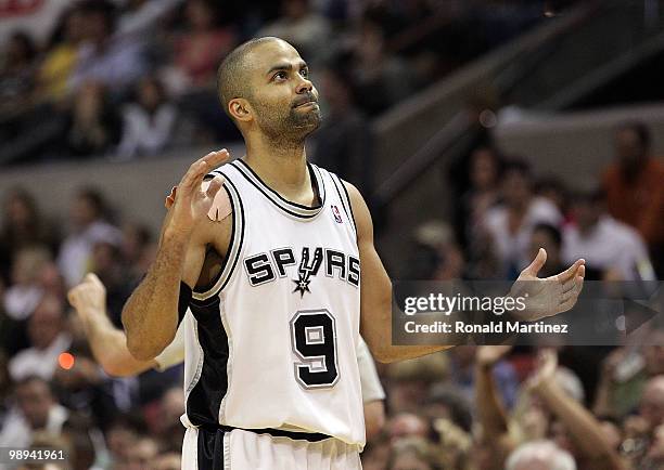 Guard Tony Parker of the San Antonio Spurs reacts during a 107-101 loss against the Phoenix Suns in Game Four of the Western Conference Semifinals...