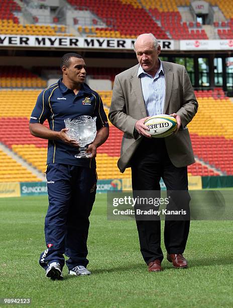 Will Genia and Mark Loane chat after an ARU press conference to announce ticket sales and promote upcoming international matches for the Wallabies at...