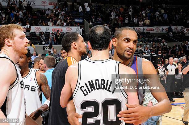 Manu Ginobili of the San Antonio Spurs congratulates Grant Hill of the Phoenix Suns in Game Four of the Western Conference Semifinals during the 2010...
