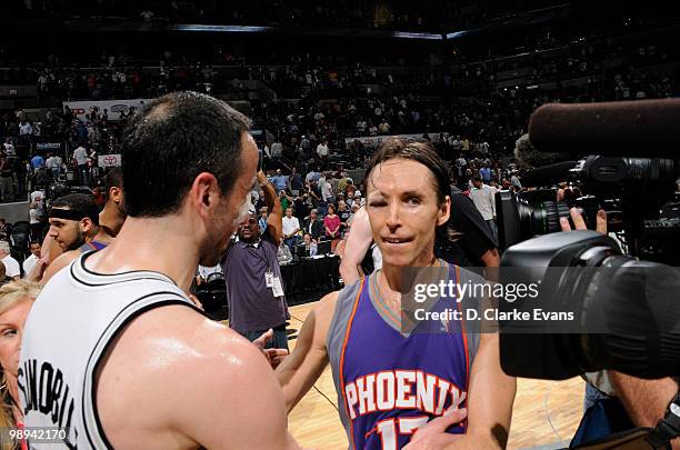 Manu Ginobili of the San Antonio Spurs congratulates Steve Nash of the Phoenix Suns in Game Four of the Western Conference Semifinals during the 2010...