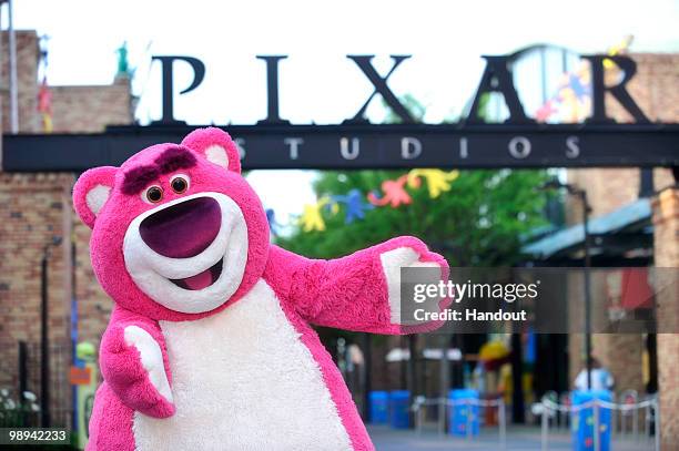 In this handout photo provided by Disney, "Lots-o'-Huggin' Bear," from the upcoming Disney-Pixar film Toy Story 3 is pictured at the Pixar Place area...